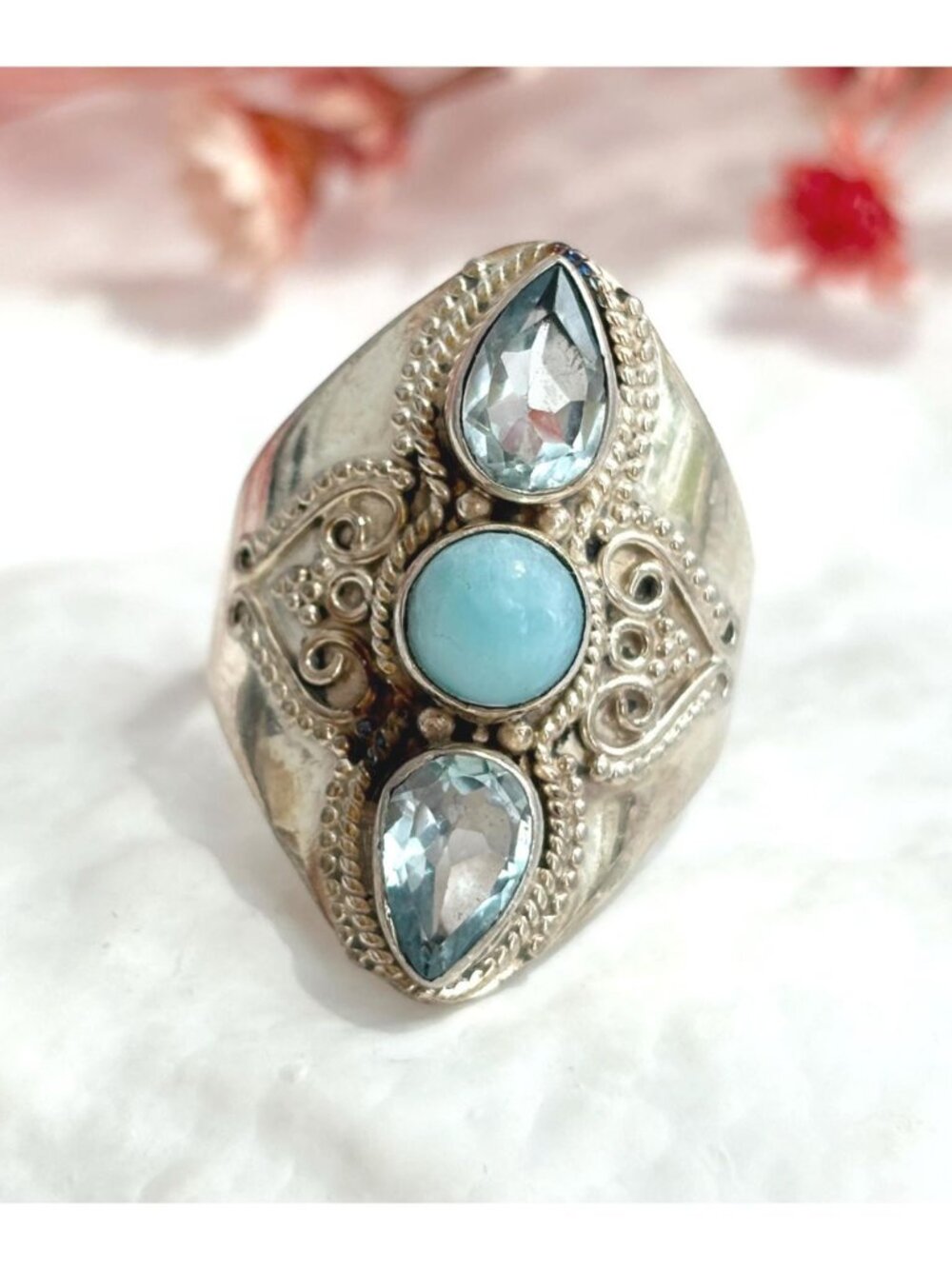 Larimar & Blue Topaz Gemstone Indian Sterling Silver 925 Vintage Ring - sz 9